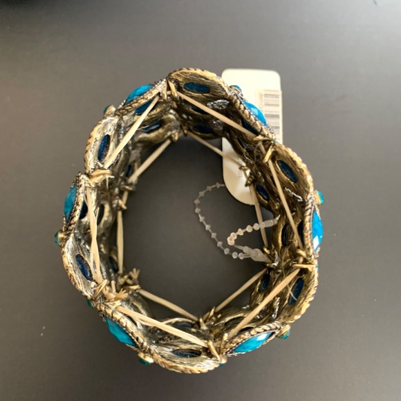 Peacock turquoise blue gold tone filigree vintage/boho stretch cuff bracelet - Picture 2 of 12